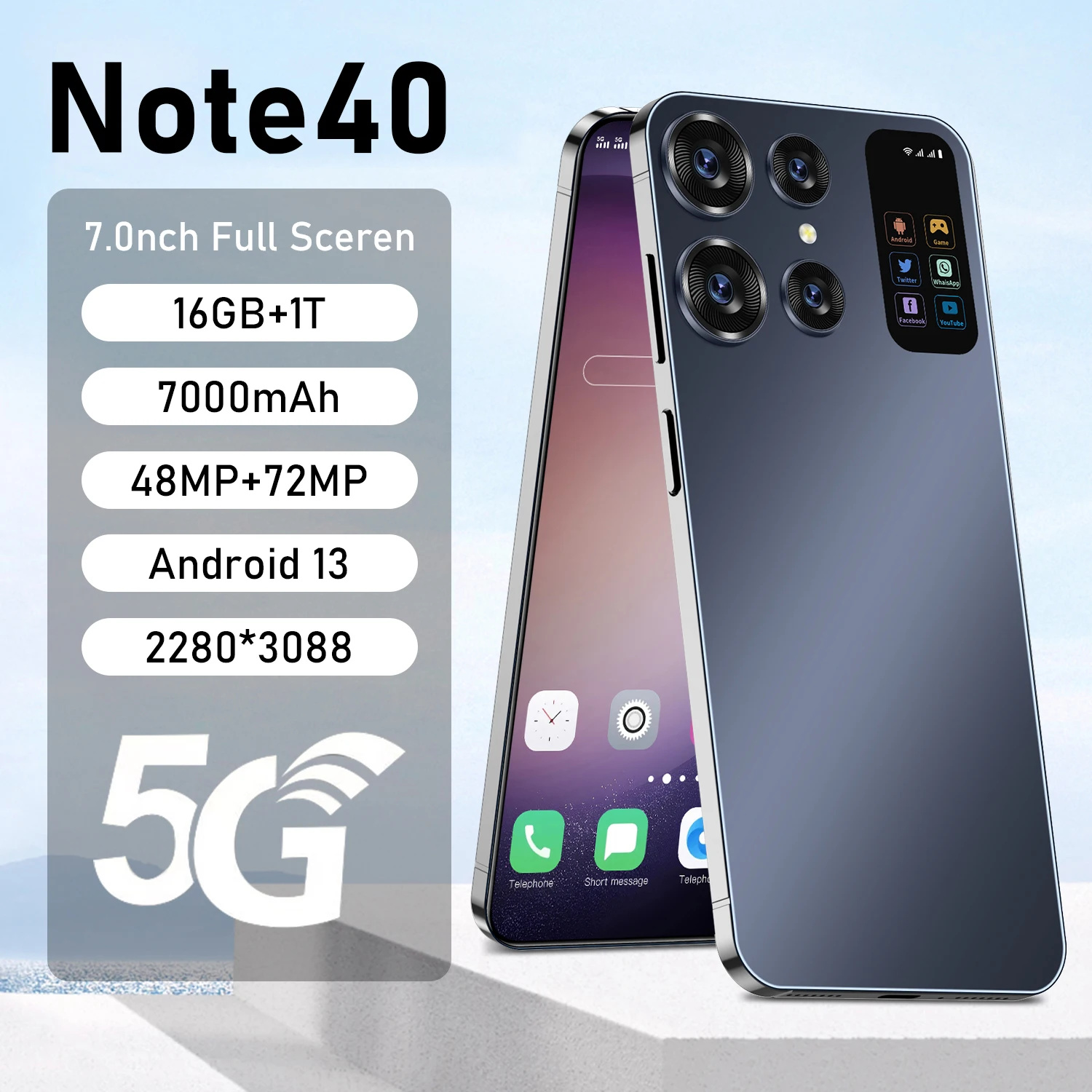 

Global Version Note40 Smartphone 5G 7.0 Inch 16+1TB Qualcomm 8 Gen 2 Camera Cell Phones 7000mah Android Phone Unlocked Celular