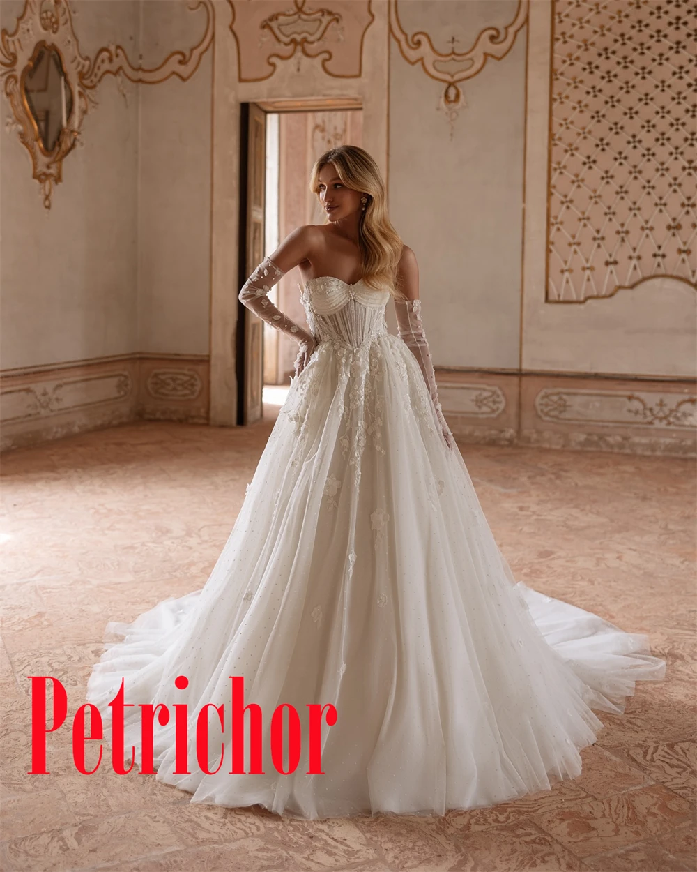 Personalizado de alta qualidade apliques sem alças manga destacável mangas compridas vestido de casamento requintado capela trem vestidos de noiva