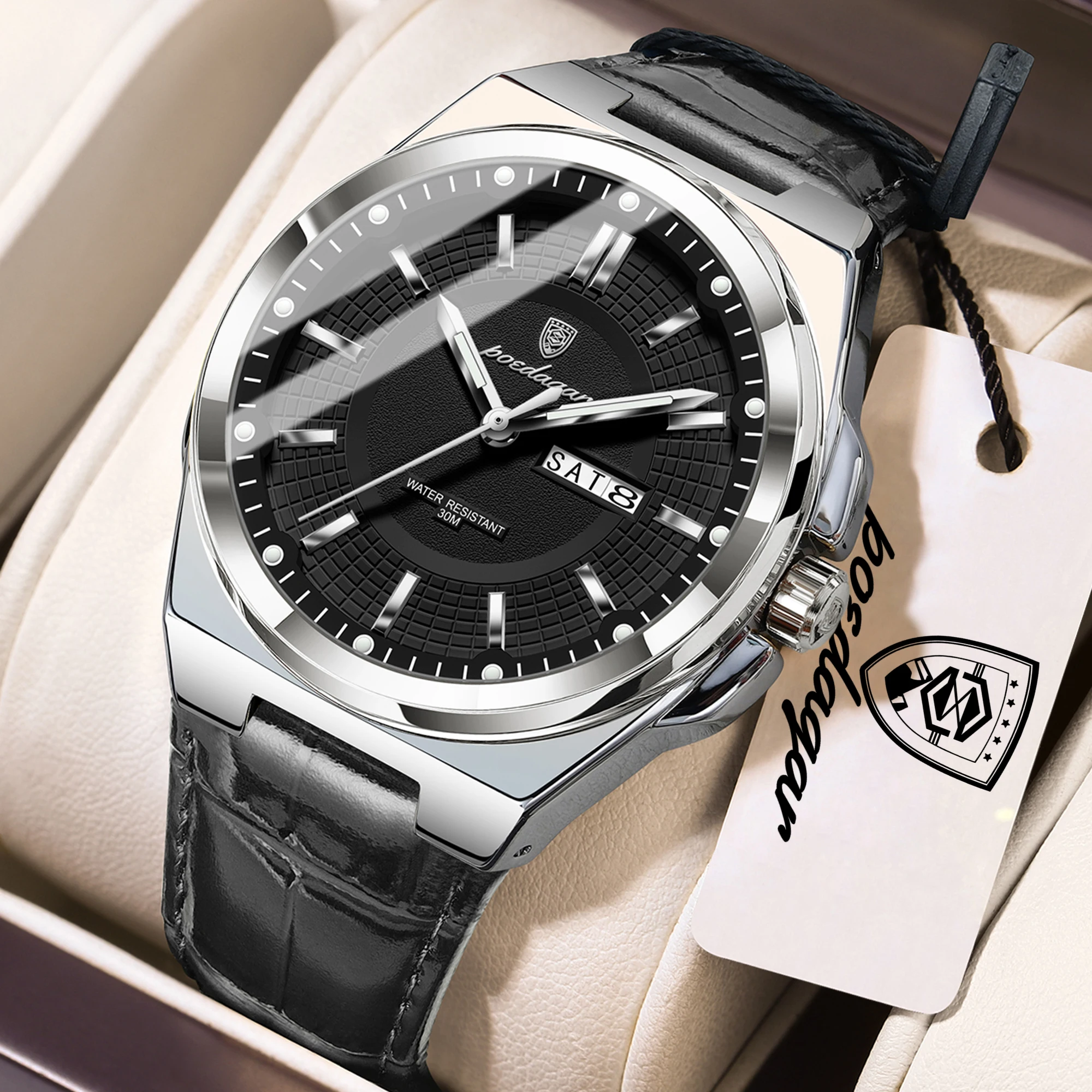 

Мужские спортивные часы POEDAGAR, водонепроницаемые, с подсветкой, указателем даты и дня недели, модные, деловые, кварцевые, кожаный ремешок.