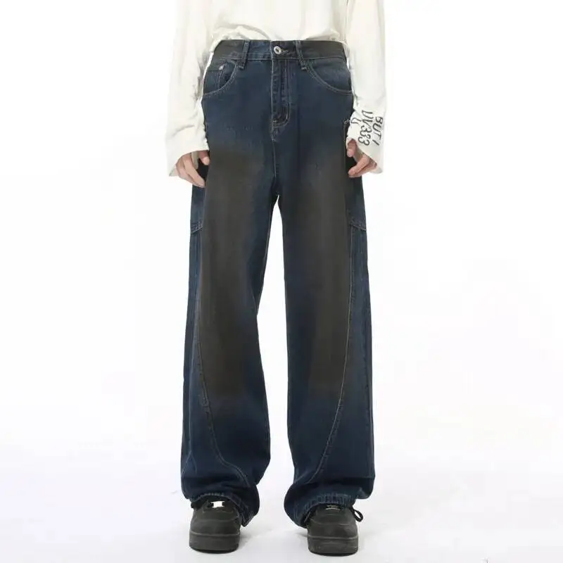 Celana Jeans Pria Model Muda Trendi Gaya Amerika High Street, Desain Splicing, Aging, Deconstructing, Fashionable, Serbaguna, Potongan Lurus Longgar