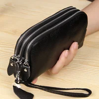 Women Long Wallet Genuine Leather 3-Layer Zipper Purse Bag Large Capacity Wristlet Clutch Wallets Phone Bag Money Purses