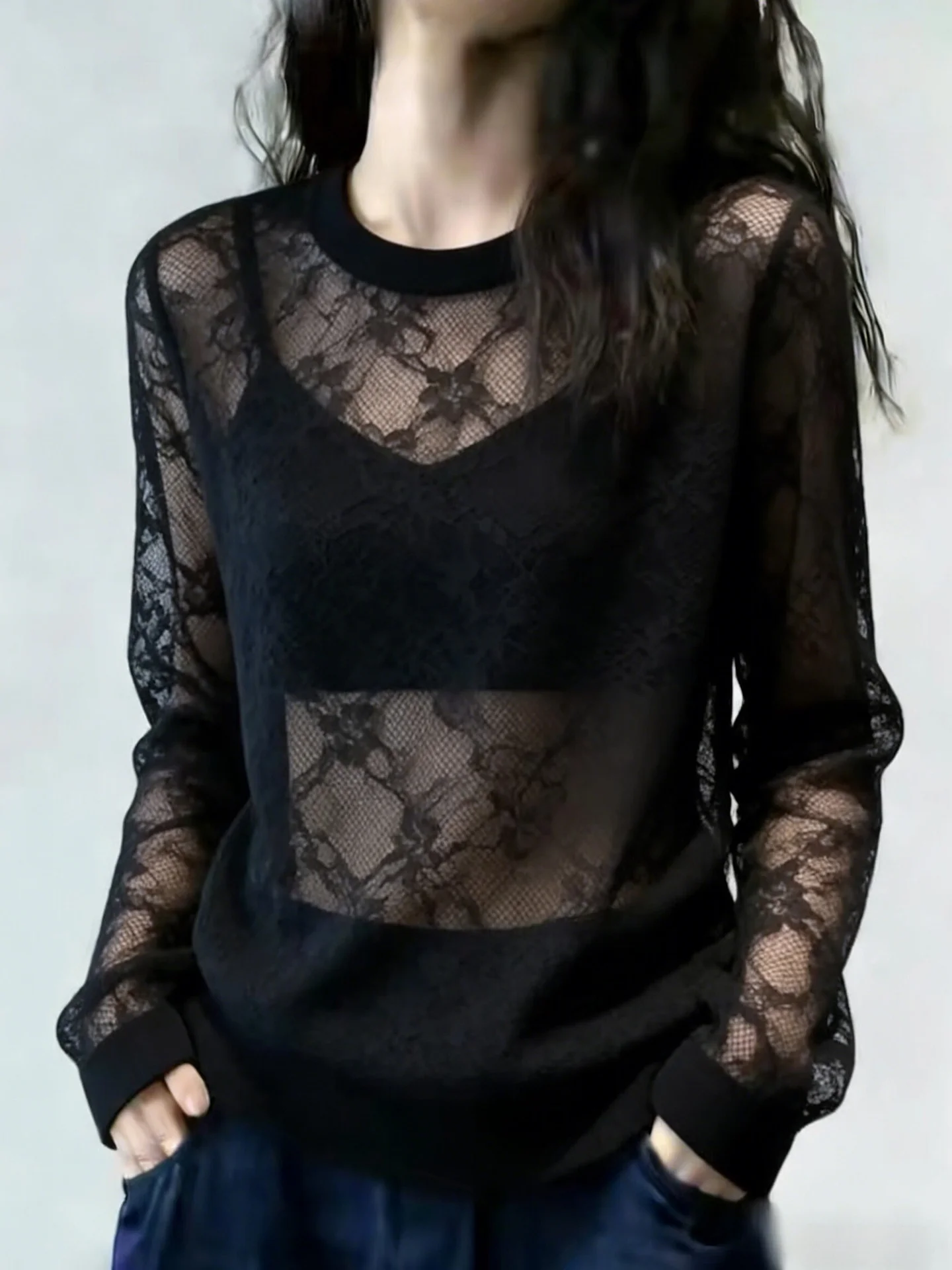 Chic Lace Transparent Loose Base Shirt Fashionable Slimming Cover up Top Comfortable Breathable Women's Summer Fashionable Shirt