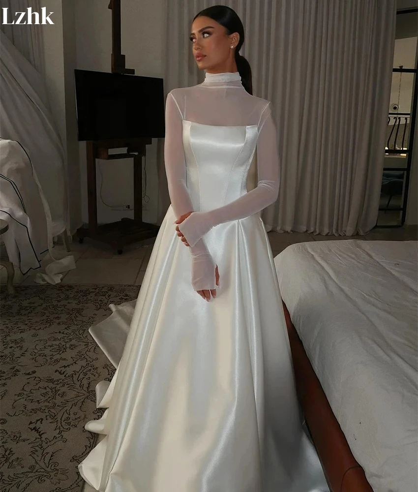 ชุดราตรีทรงเอไลน์ผ้าซาตินเนื้อละเอียดสั่งตัดพิเศษ คอสูง แขนยาว ยาวกรอมพื้น สำหรับงานแต่งงาน  รับตัดตามไซส์