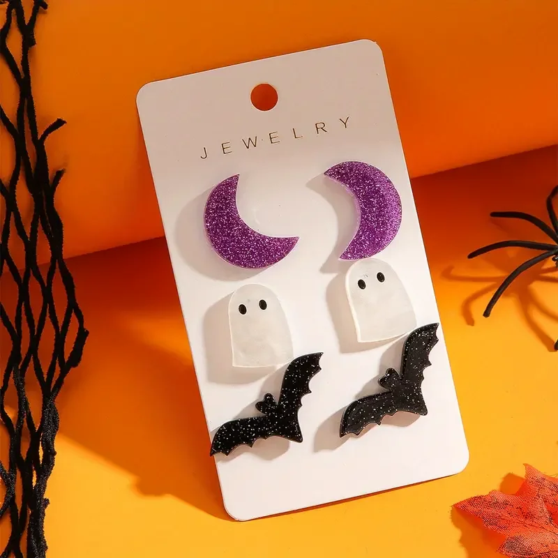 Halloween Gothic Earring Set - 3 Pairs Of Acrylic Studs With Moon, Bat, Ghost, Pumpkin & Spider Designs For Women - Perfect Vint