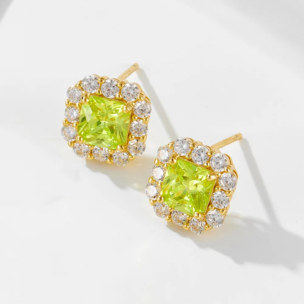 CCFJOYAS100% 925 Sterling Silver Geometric Square Green Zircon Pendant Necklace/Earrings Set for Women Wedding Party Jewelry Set
