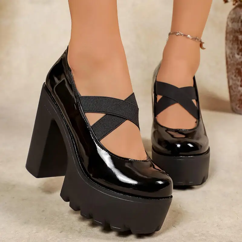 

Sexy Chunky Platform Super High Heel Pumps Women 2026 Summer Black Patent Leather Mary Jane Shoes Gothic Height Increase Shoes