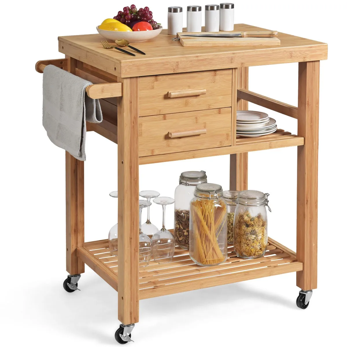

Costway Bamboo Kitchen Trolley Cart Wood Rolling Island w/ Tower Rack & Drawers