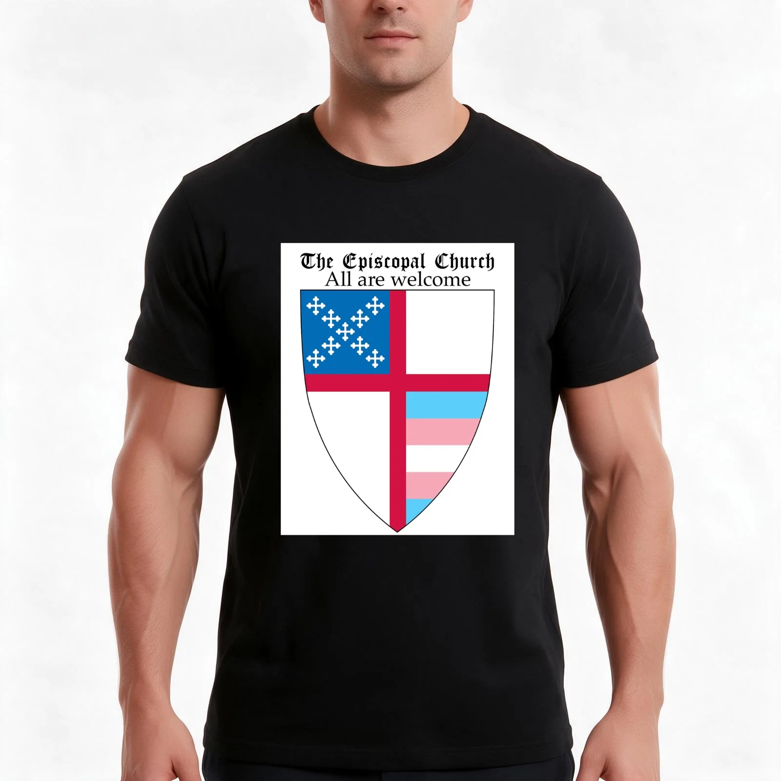 Episcopal Church Shield with Trans Pride 1 T-Shirt, Summer Casual Cotton Tee, Oversized Streetwear Tops, Vintage Graphic Print