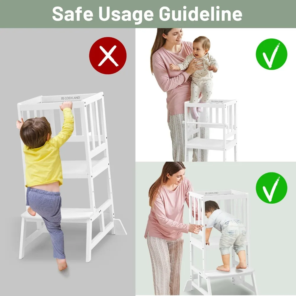 Children's Kitchen Step Stool, Height Adjustable Toddler Standing Tower, Certified CPC and FSC, Detachable Safety Railing