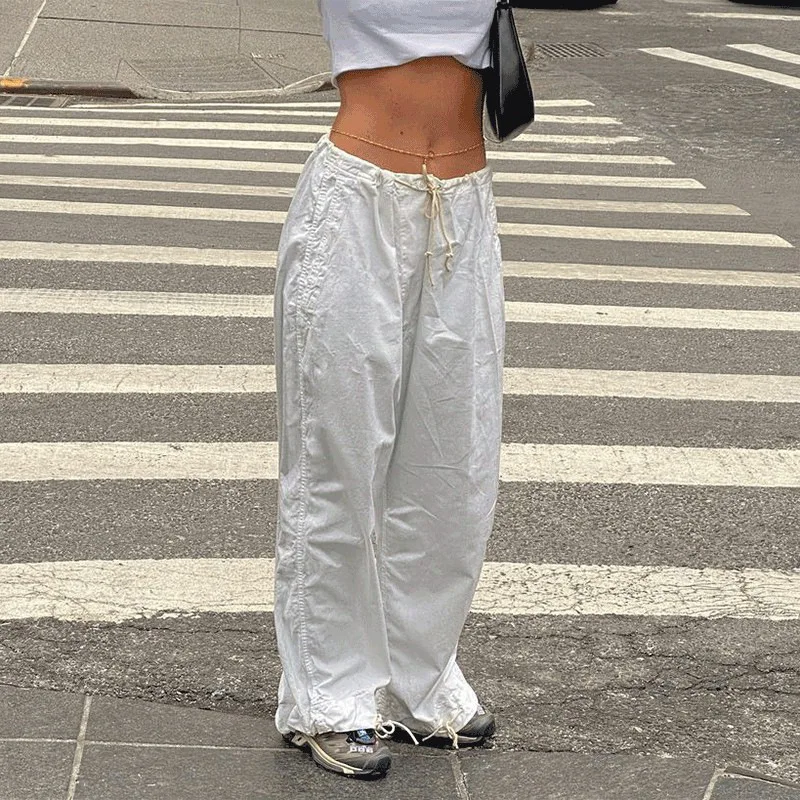 

Summer Spice Girls' Casual Baggy Wide Leg Sweatpants White Loose Drawstring Low Waist Streetwear Cargo Pants Women Hippie Jogger