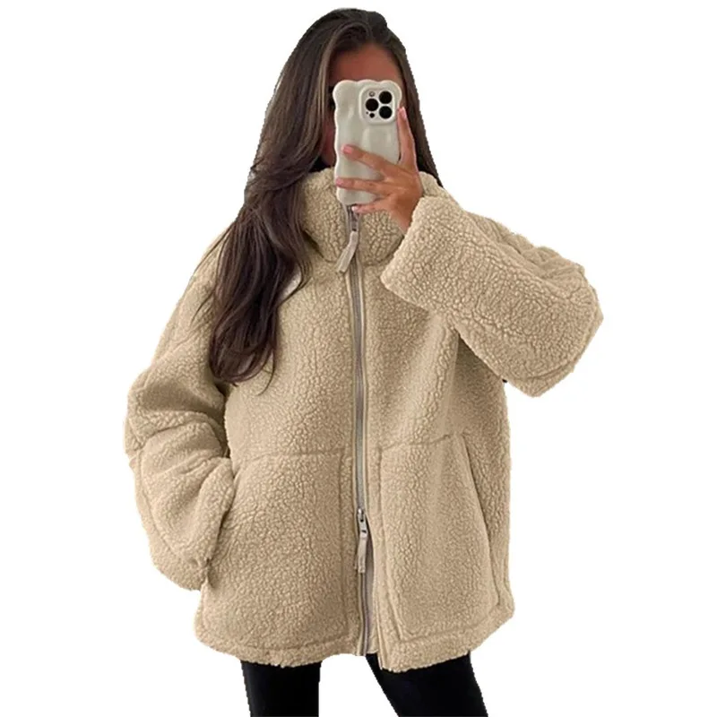 

2025 New Fashion Zipper Knitted Sweater Jacket Women Winter Casual Loose Solid Color Turtle Neck Pocket Top For Women