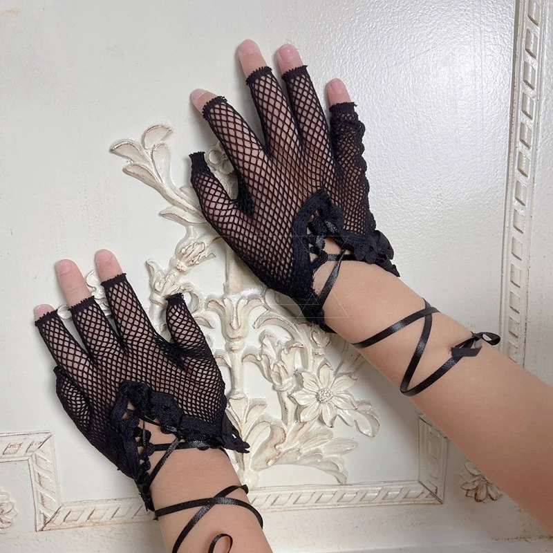 Filet de pêche creux à lacets foncé, gants demi-doigt, sous-culture d'halloween, Style Punk, Style dentelle épicée pour fille
