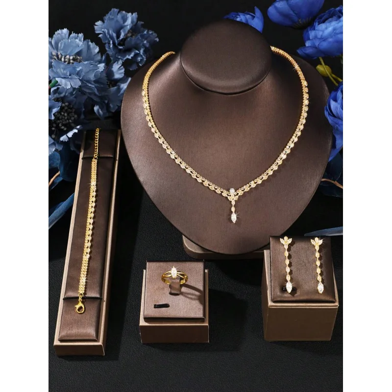 5-teiliges Set Luxuriöses Elegantes Zirkonia-Stein Brautschmuck-Set, Modisches Party-Schmuckset für Damen