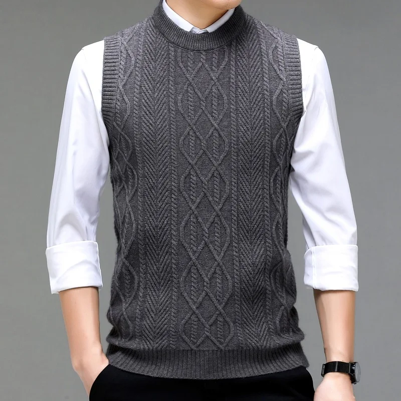 Fashionable Crewneck Jacquard Men's Knitted Sleeveless Hair Vest Young Men's Fashionable Solid Color Warm Top