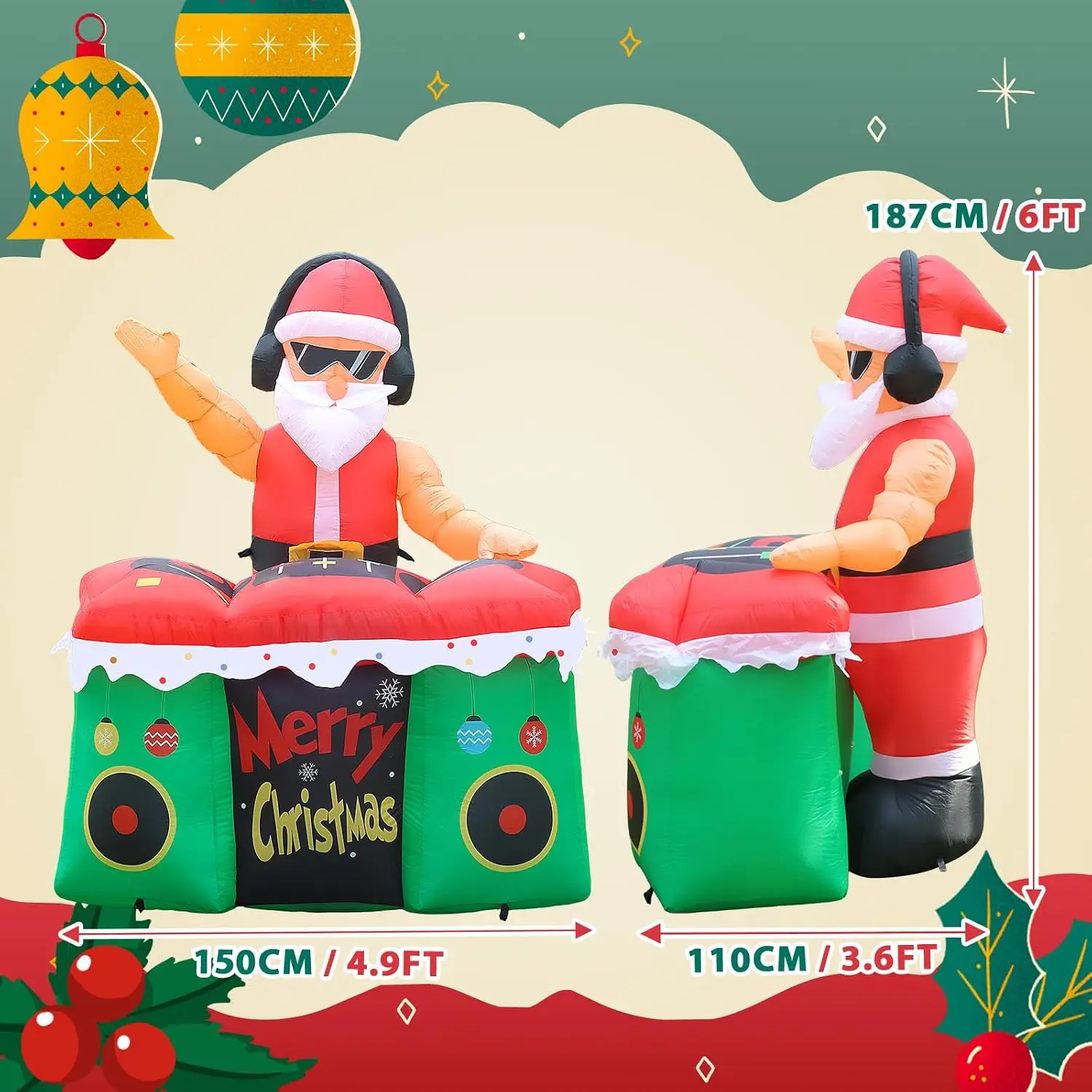6FT Christmas Inflatable Yard Decor, Funny Xmas DJ Music Santa Claus with Headphones and Sunglasses, Blow-Up Outdoor Holiday Decoration with Built-In Music