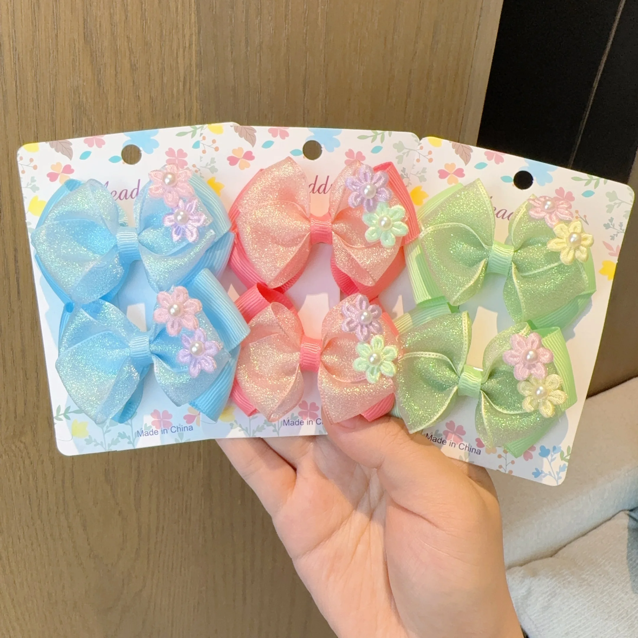 2Pcs/set New Fashion Shiny Flowers Bow Lovely Girls Hairpins Children Headwear Hairgrip Hair Clips Hair Accessories Wholesale