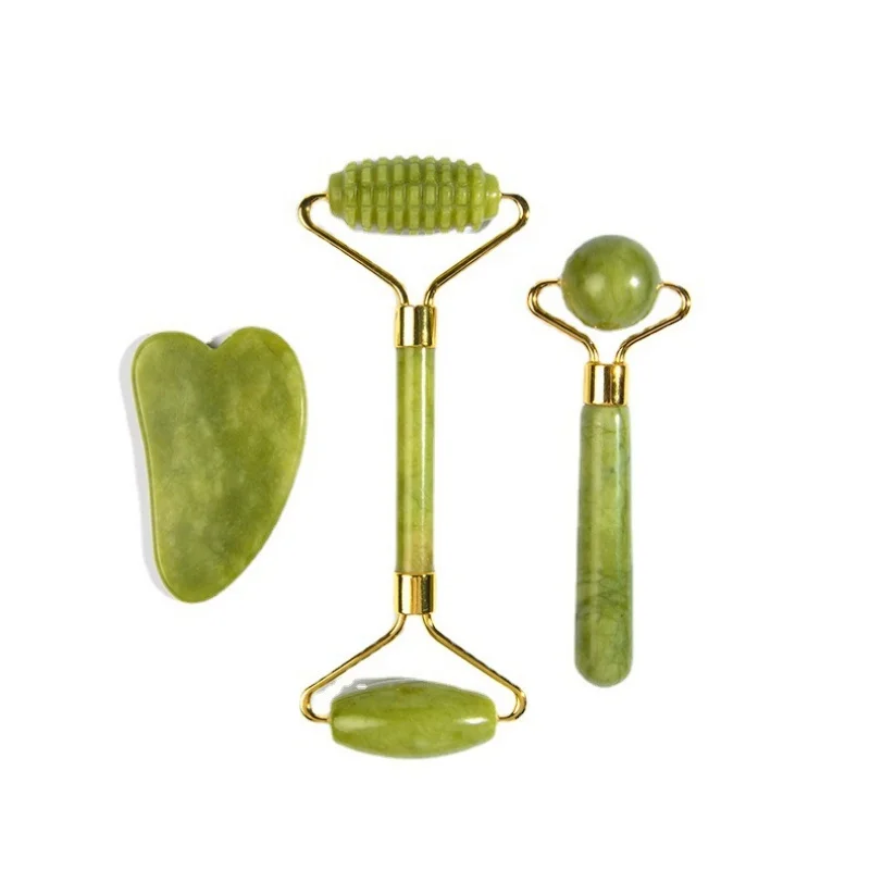 3Pcs Natural Xiuyan Jade Facial Massage Set Double Head Jade Roller Gua Sha Board Anti-Aging Lifting Skin Care Beauty Tool