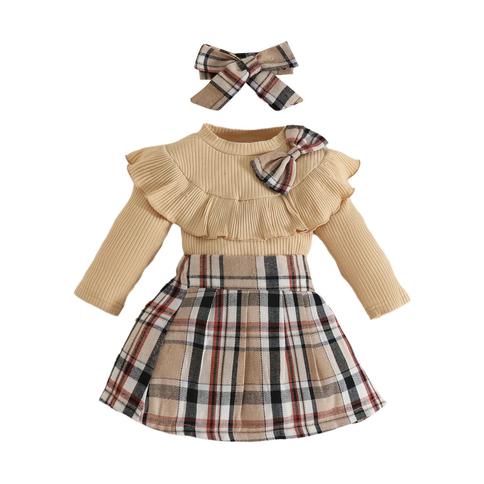 

Toddler Baby Girls Fashion Outfits Spring Autumn Long Sleeves Ruffles Ribbed Tops with Plaid Pleated Skirt Plaid Pleated Skirt