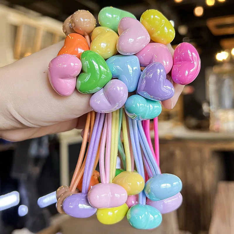 

Lovely Double Heart Hair Ties for Children Vibrant High Stretch Hair Bands Simple Color Block Hair Accessories