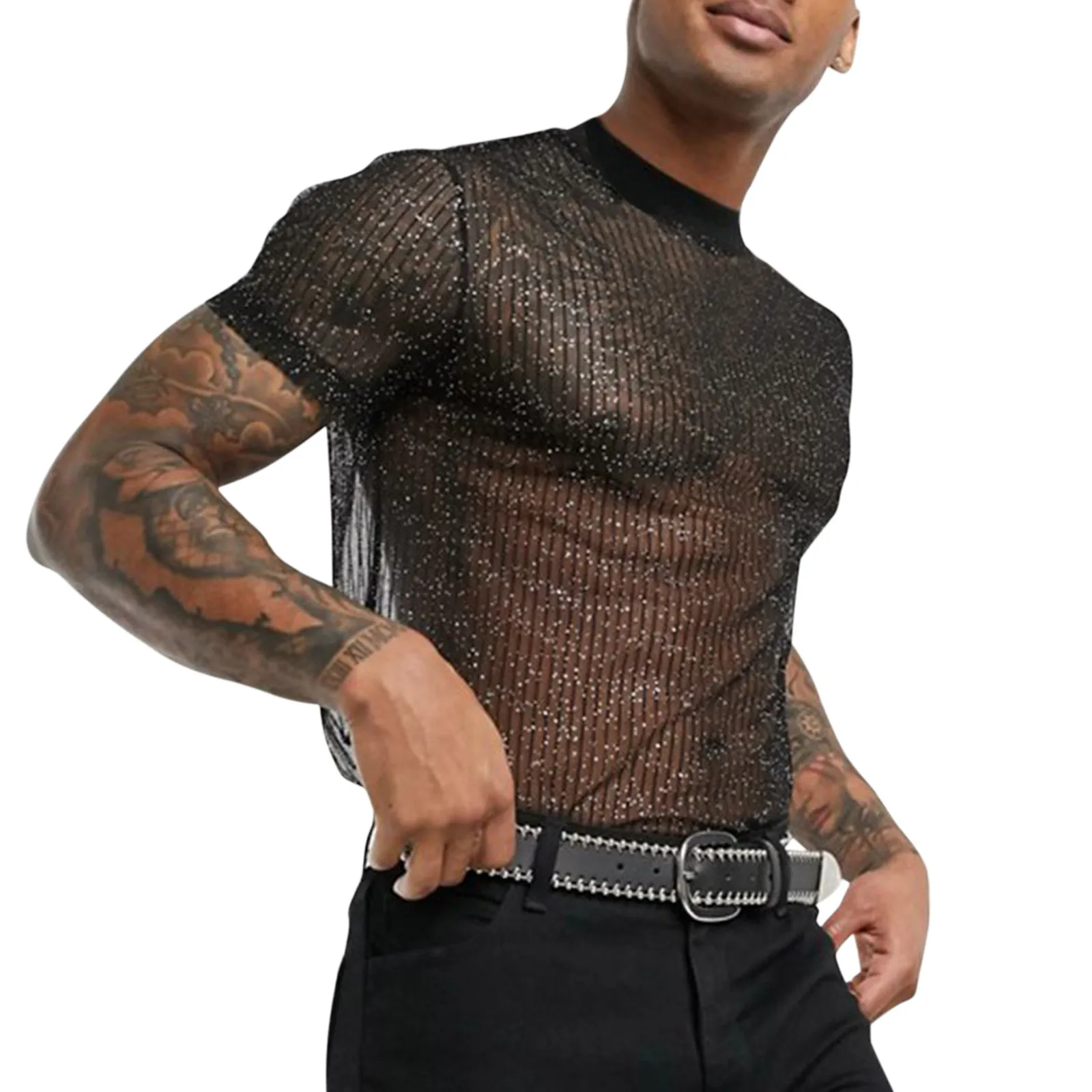 Sexy Men\'s Sequins T-shirt Top Round Neck Short Sleeve Sequin Transparent Mesh T Shirts Summer Male Club Party Tshirts Camiseta