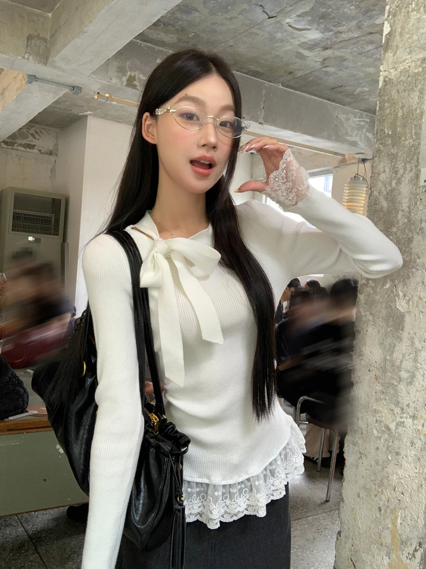 

Slim Fit Lace Knitwear Women's Korean Sle Early Autumn White Top Pure Desire Design Sense Small ence Sweater