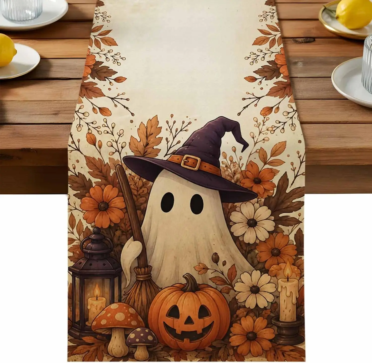 Halloween Cute Ghost Pumpkin Flower Table Runner Holiday Party Decor Reusable Kitchen Dining Table Runner Halloween Decorations