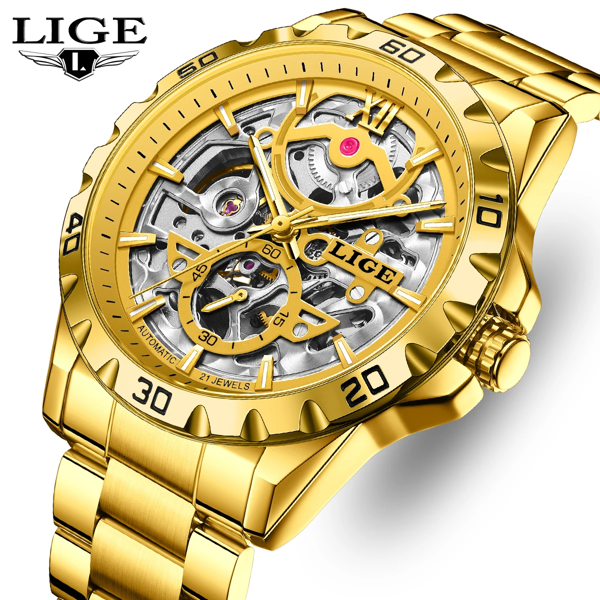 

LIGE New Steampunk Skeleton Men's Watch Luxury Automatic Mechanical Watches Luminous Waterproof Stainless Steel Strap Watch +box