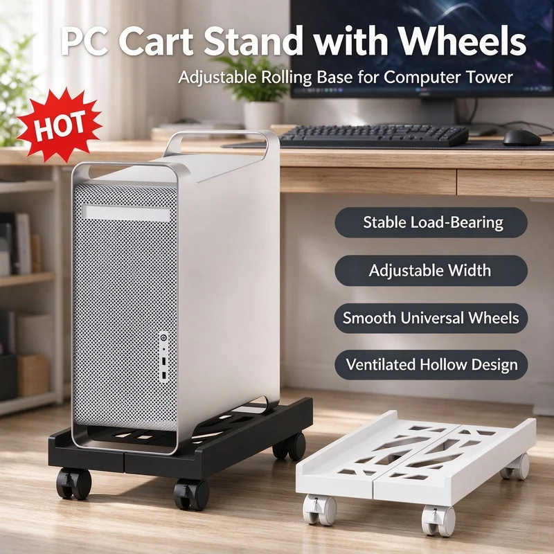 Under Desk PC Tower Stand with 4 Rolling Casters, Adjustable Ventilated Computer Case Holder, Space Saving Mobile PC Bracket
