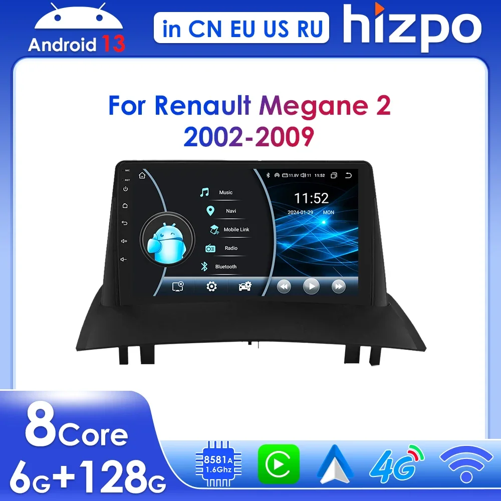 

Hizpo Android 13 Автомобильная мультимедиа для Renault Megane 2 2002-2009 Беспроводная автомобильная радиосистема Carplay GPS Стерео 2din DSP RDS BT 4G