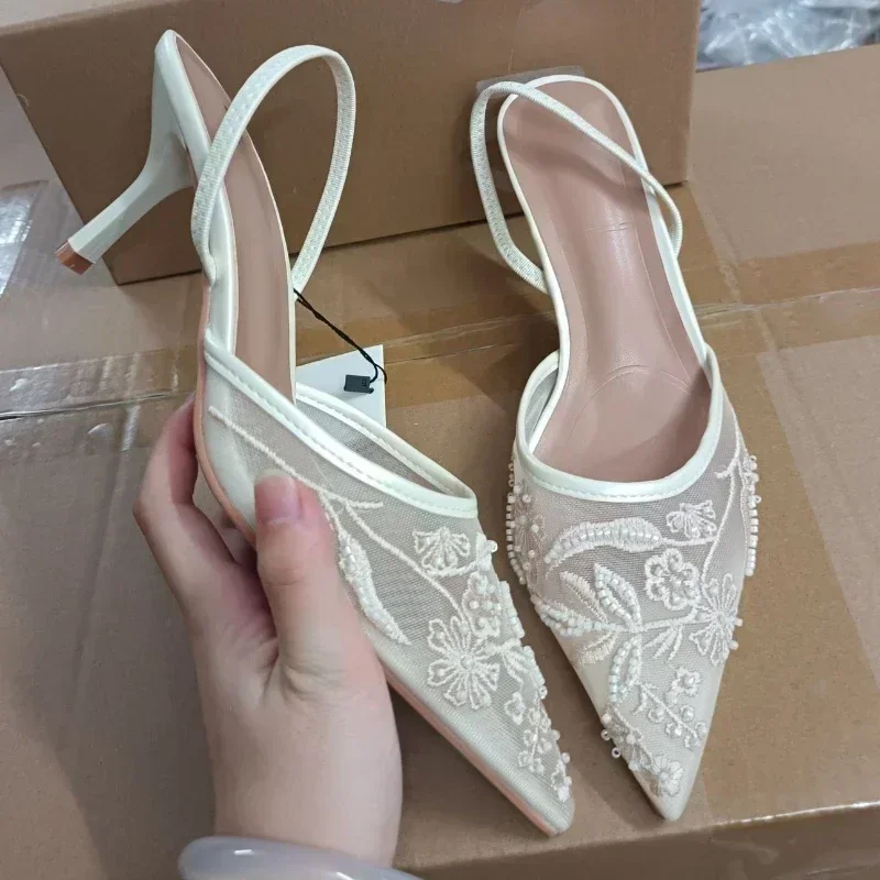 Mesh Embroidered Heeled Sandals Women String Bead Elegant Slingback High Heels Ladies Pointed Toe Pumps Wedding Party Shoes