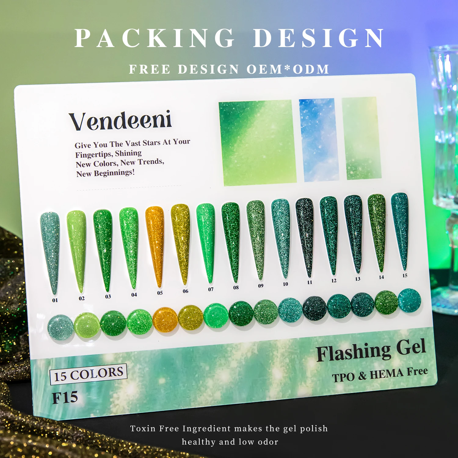 Vendeeni Free Design Smalto gel riflettente da discoteca Collezione 15 colori TPO GRATUITO HEMA OEM Smalto gel flash lucido per nail art