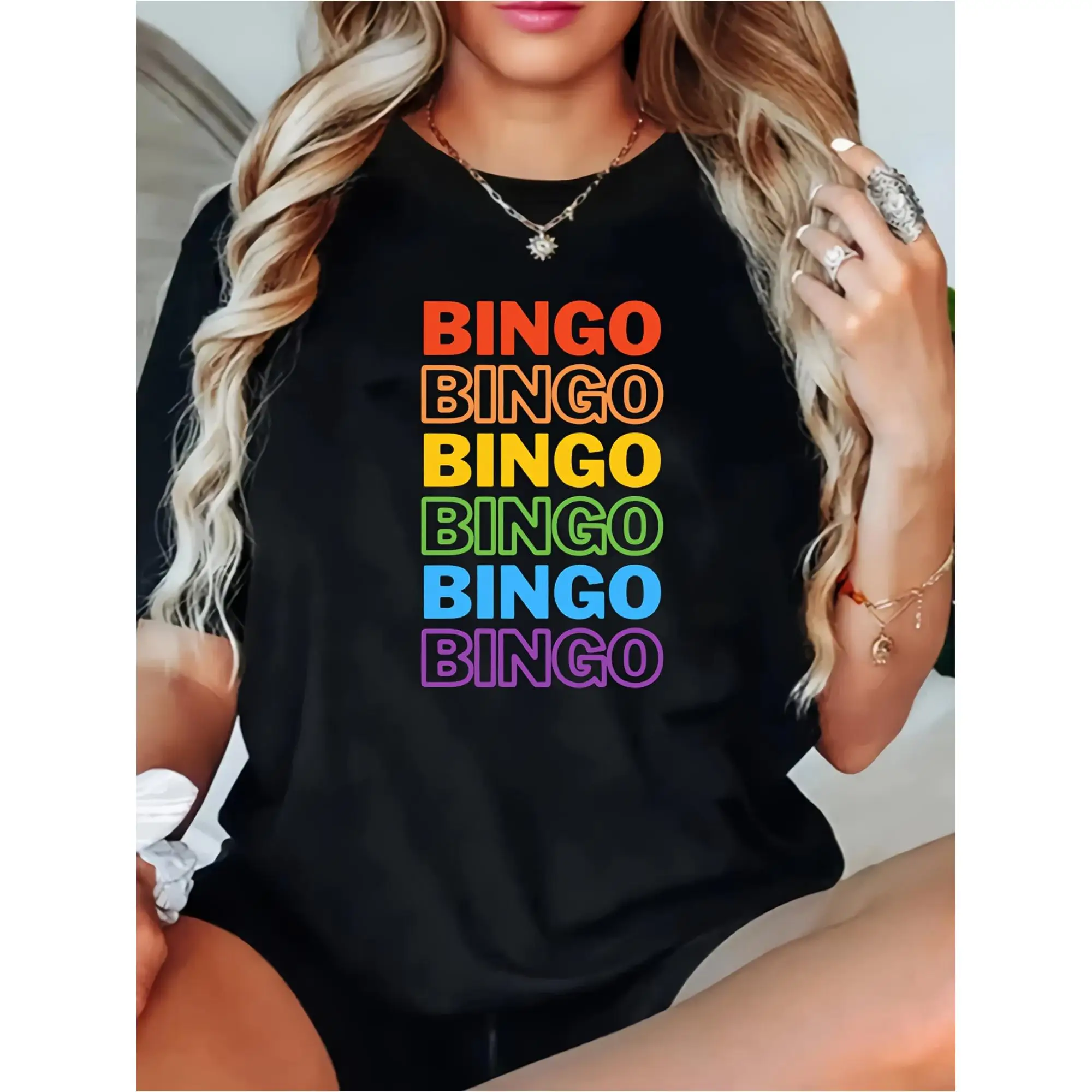

Women'S Casual TShirt Colorful Print Short Sleeve Round Neck, Relaxed Fit, Machine Washable, AllSeason Comfort, Black With Mult