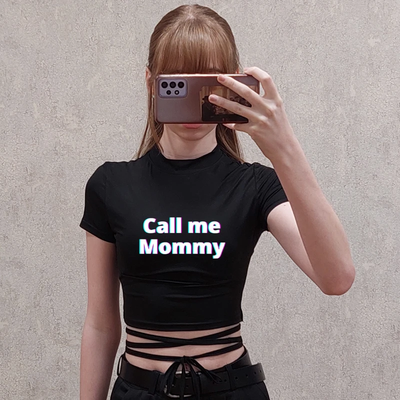 CALL ME MOMY 여성용 섹시한 크롭 붕대 티 탑, 블랙 짧은 패션, 소녀 티셔츠, 캐주얼 반팔, 여성 셔츠, 하라주쿠, 여름
