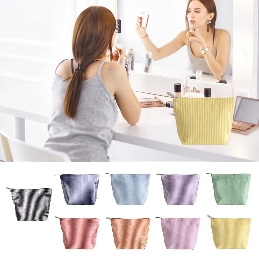 متعددة الوظائف النسيج القطني حقيبة مستحضرات تجميل سستة إغلاق مخطط حقيبة مستحضرات التجميل المحمولة حقيبة أدوات الزينة المرأة سيدة