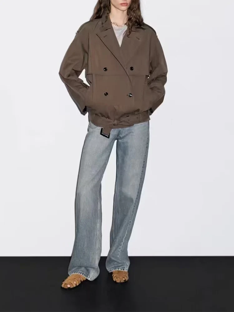 

Новая женская мода в европейском стиле, универсальный темпераментный однотонный ремень, ветровка с короткими лацканами, куртка