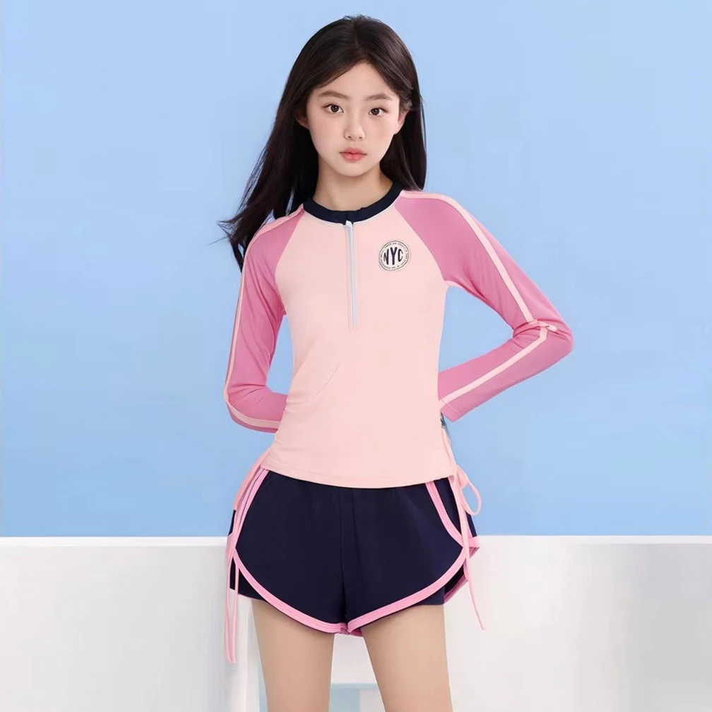 Double Layers Shorts Girls Swimwear Two-Pieces Suits Summer Beach Clothes Kids Long-sleeve Swimsuit Fwimming Pool Clothes