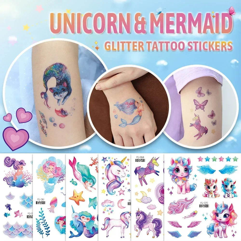 Flash Unicorn Temporary Tattoo Stickers Children Face Arms Body Cartoon Stickers Fake Tattoos Waterproof Mermaid Tattoo For Kids