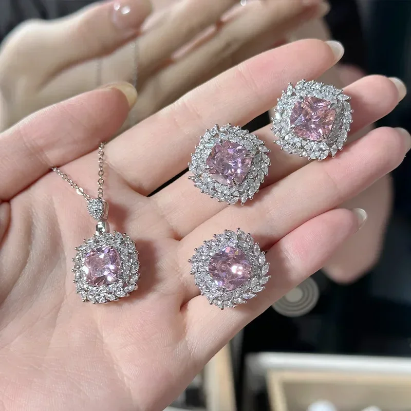 MDL Moissanite Style.Sparkling Princess Pink 10*10 18K Vintage Aquamarine Square Wheat Fringe Zirconia Diamond Ring And Earrings