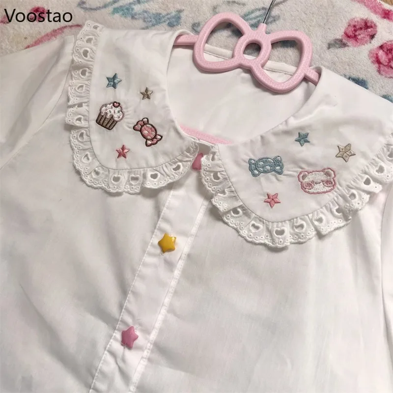 Japanese Kawaii White Lolita Blouses Women Sweet Bear Candy Embroidery Peter Pan Collar Shirt Girly Preppy Style Cute Clothes