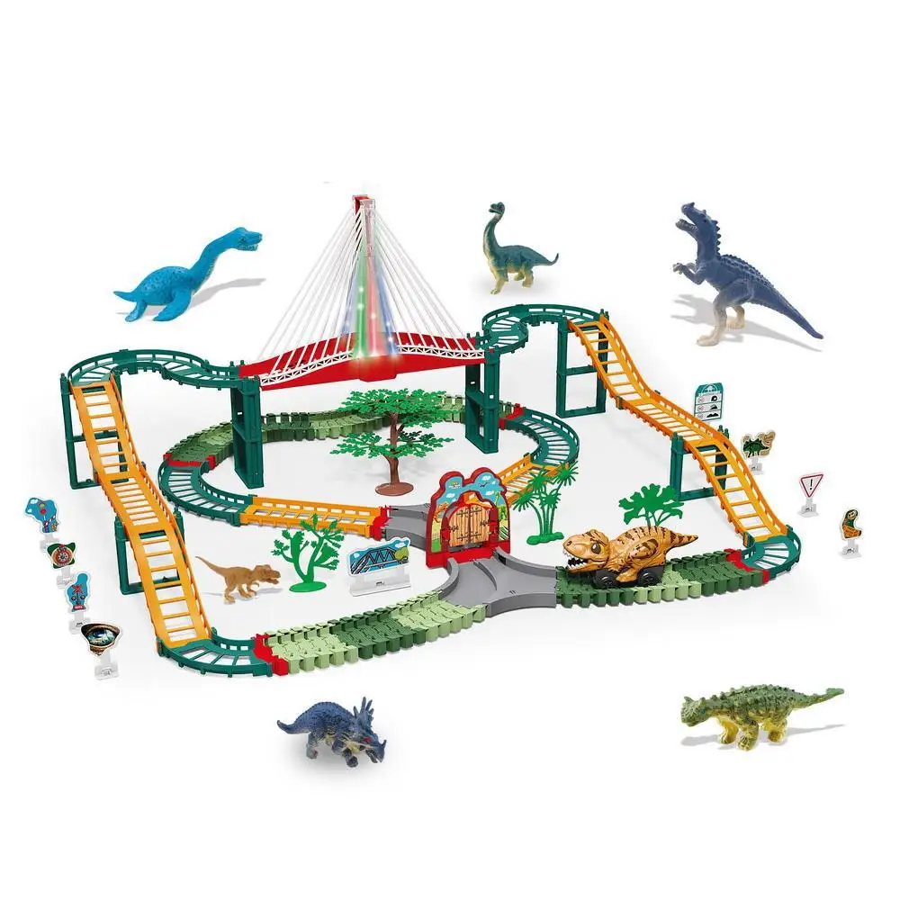 Rompecabezas grande de doble piso para niños, coche de juguete, dinosaurio, coche de tierra, modelo de bricolaje, viaducto ligero, juego de regalo para niños, B014