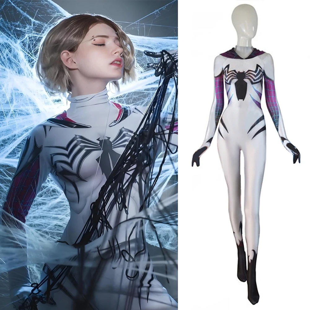 

Женский костюм Человека-паука, белый костюм Венома Гвен Стейси, 3D-печатный спандексовый комбинезон супергероя, костюм на Хэллоуин для взрослых