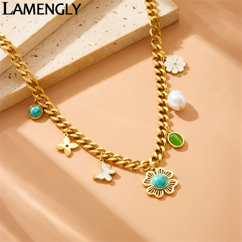 LAMENGLY316l Stainless Steel Butterfly Turquoise Flower Necklace For Woman Girl 2024 New Trend Non-Fading Cuban Chain Party Gift