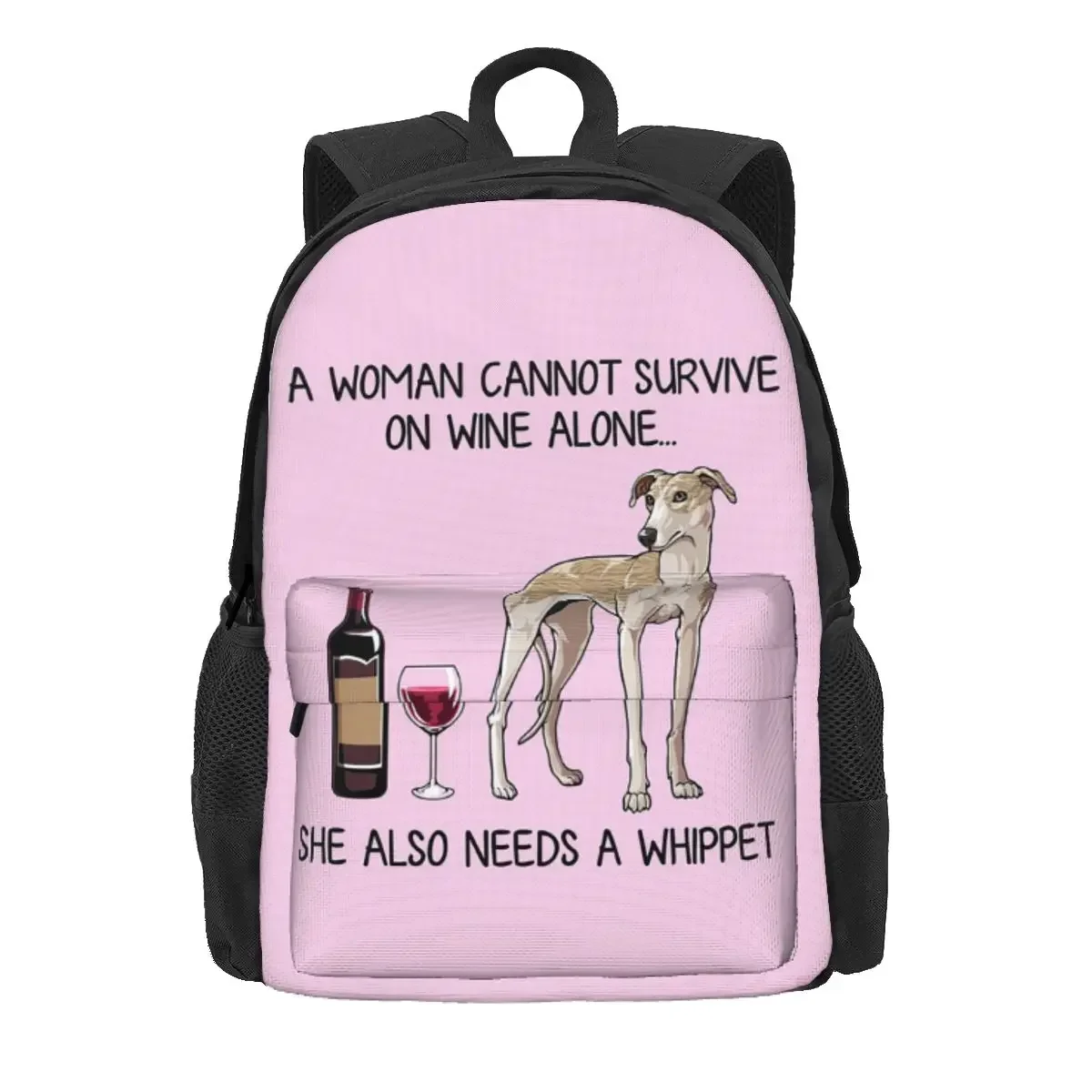 Whippet Dog And Wine Funny Gift For Dog Mom Backpack Daypack Large Capacity BookBag School Bag Shoulder Bags for Men Women