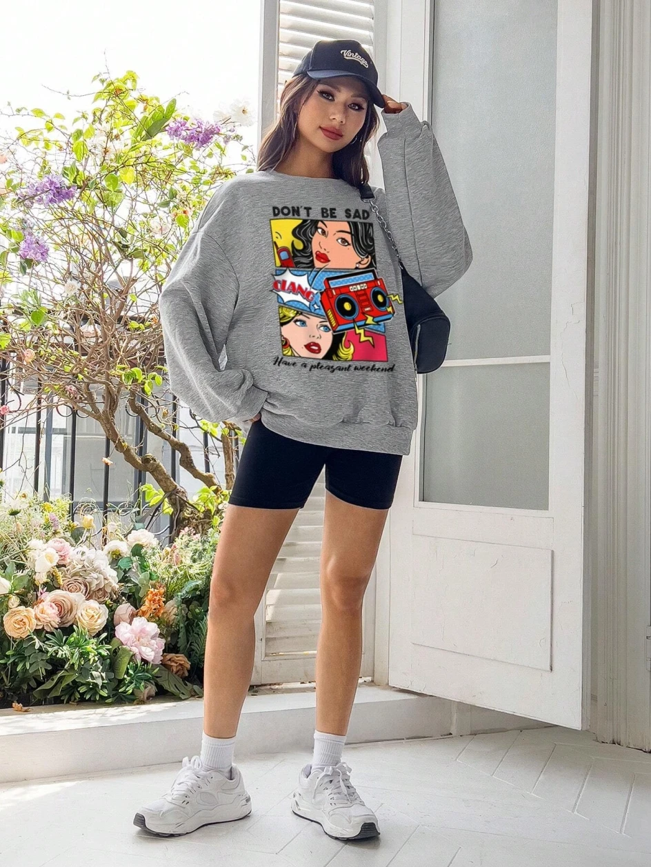 Cartoon Beauty Printing Sweatshirts For Womens Casual Comfortable Crewneck Hoodies Loose Fleece Warm Sportswear Clothes