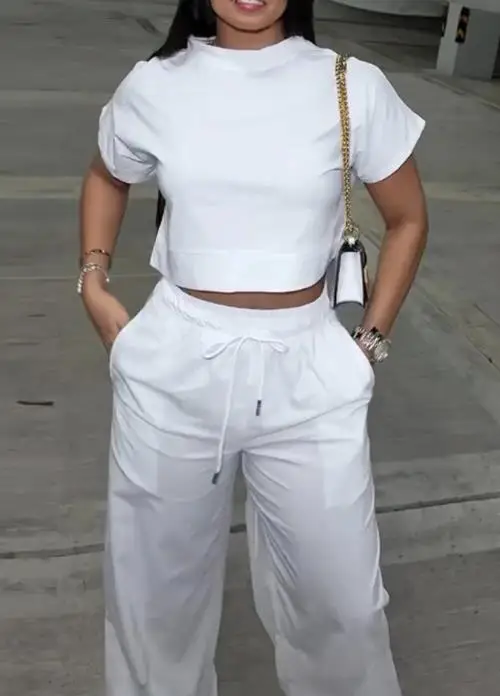 2025 신상 여성 투피스 세트, 세련된 라운드넥 반팔 상의와 하이웨이스트 팬츠 세트