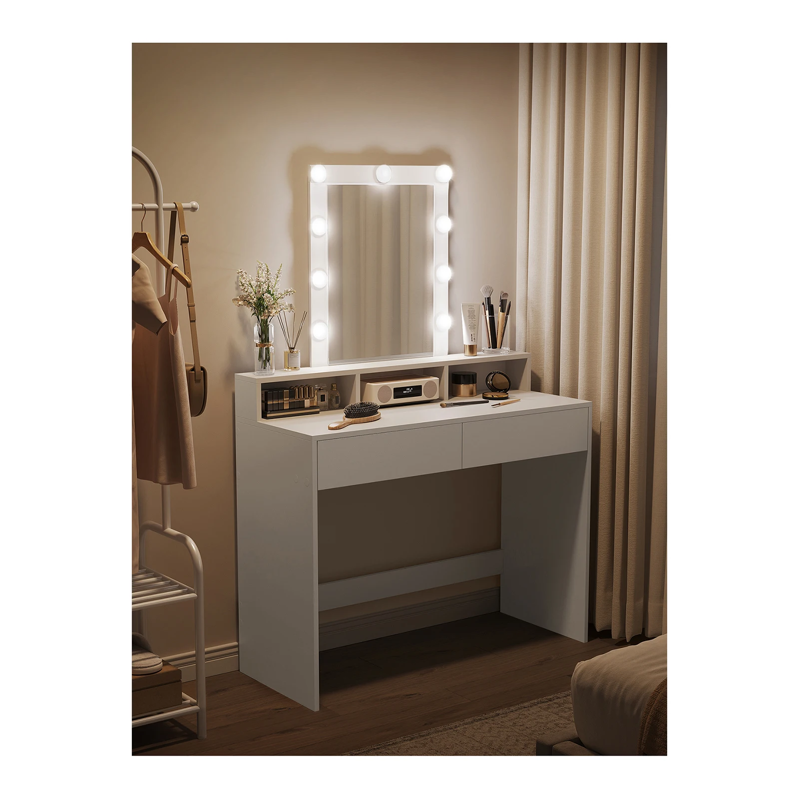 VASAGLE Dressing Table, LED Lights with Adjustable Brightness, Vanity Table with Mirror, 2 Drawers and 3 Compartments