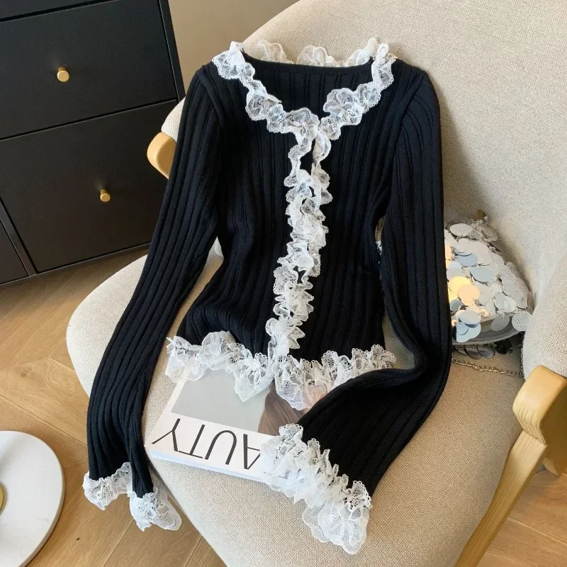 Koronkowy sweter z dzianiny z długim rękawem Sueters De Mujer Vintage V Neck Knitwear Flare Damskie koszule przeciwsłoneczne