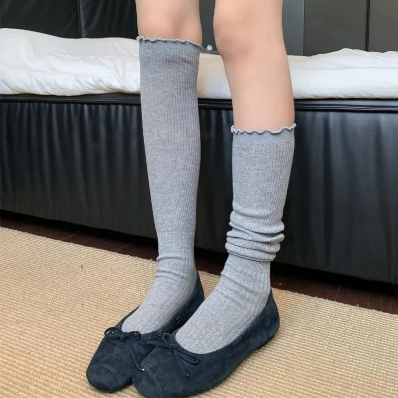 Lolita Wood Ear Edge Long Stockings Autumn Breathable Mesh Thin Women's Socks Solid Color Long Hollow Loose Stacked Knee-socks