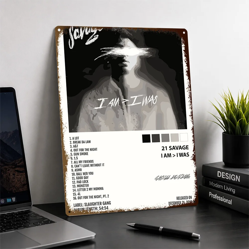 21 Savage Portrait Tracklist Printed Poster Monochrome Wall Art For Bedroom Personalized Aluminum Metal Sign Housewarming Gift