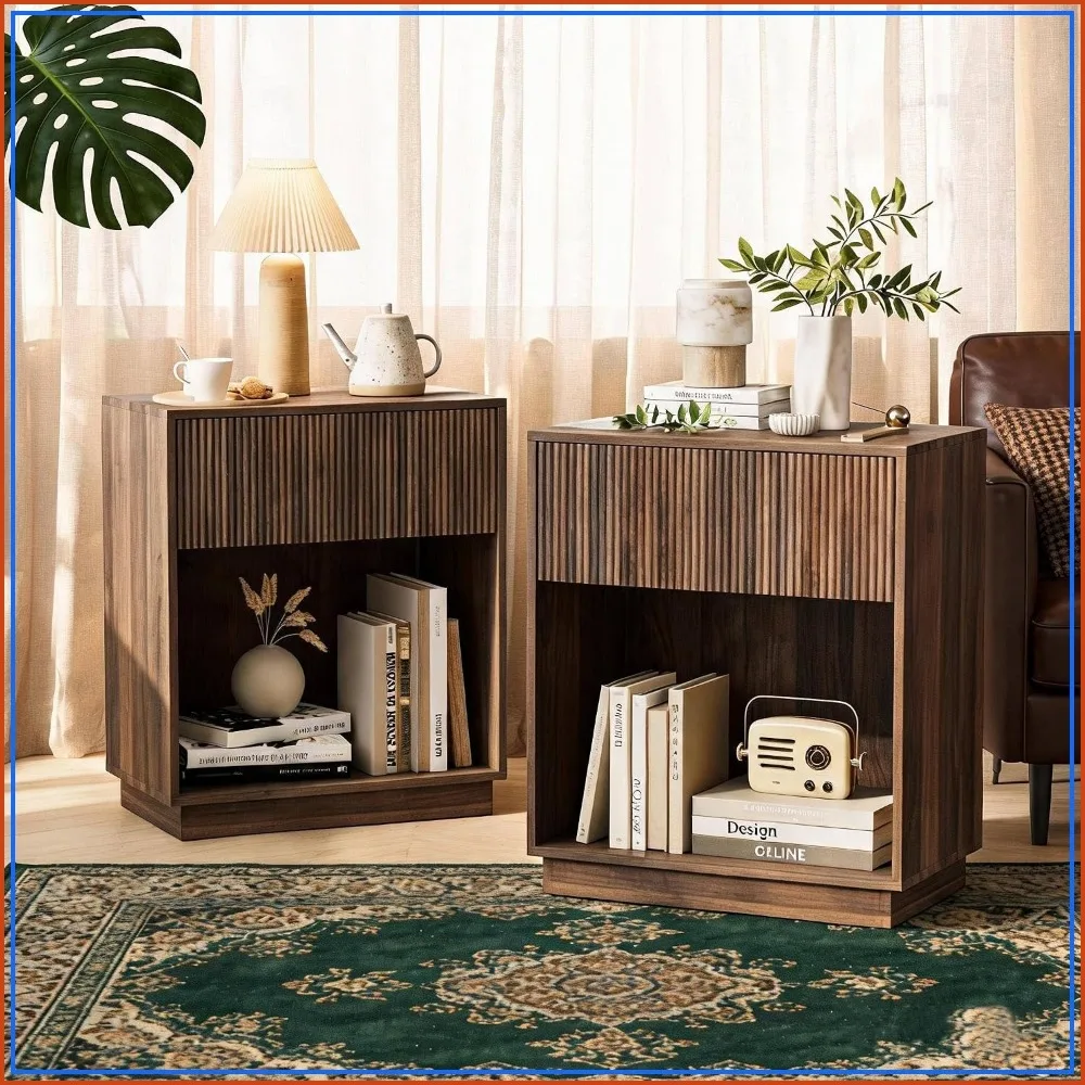 Fluted Nightstands Set of 2, Modern Bedside Table with Drawer and Shelf, Wood End Table for Bedroom